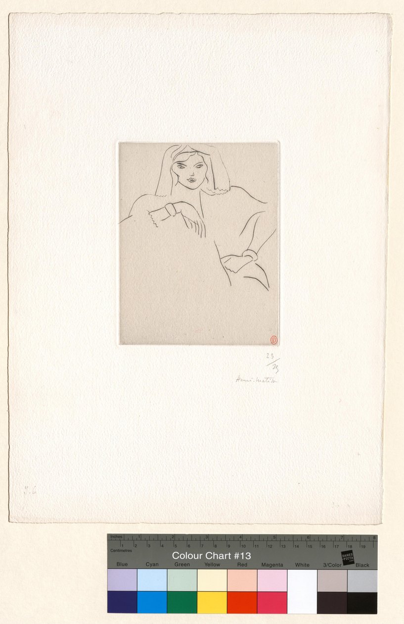 Jonge vrouw met haar elleboog op de tafel, met een sluier over haar hoofd door Henri Matisse