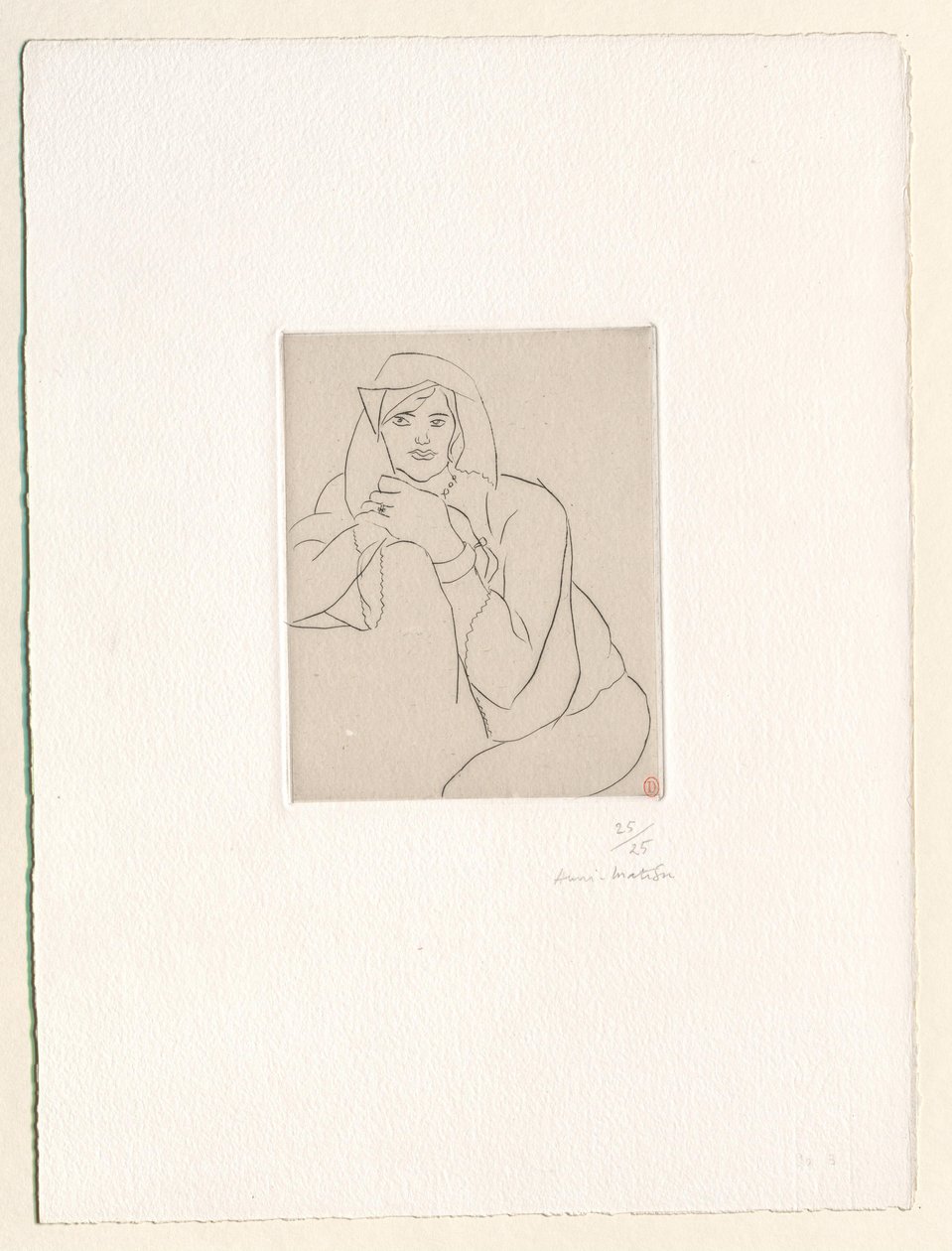 Jonge vrouw, met de handen gevouwen op de rugleuning van een meubel door Henri Matisse