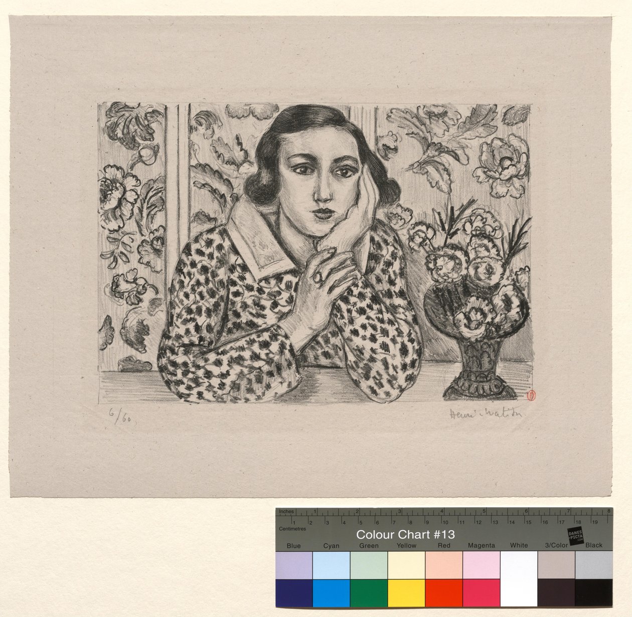 Meisje dat met haar elleboog op het kamerscherm leunt: meisje met een boeket bloemen door Henri Matisse