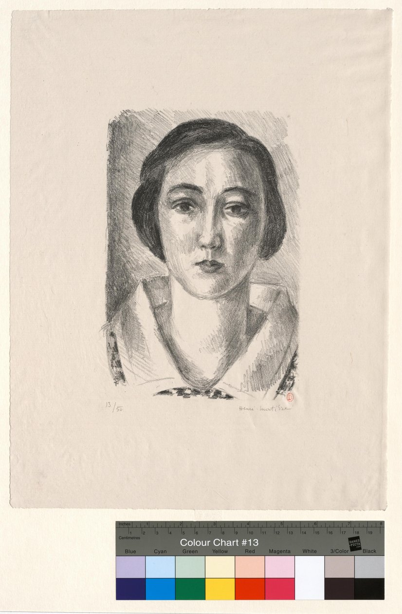 Jong meisje in een gebloemde jurk met organdiekraag door Henri Matisse