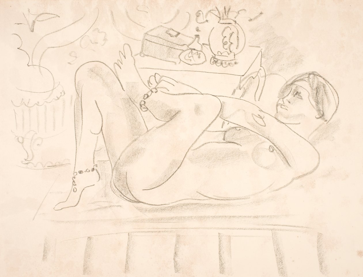 Naakte vrouw, liggend op haar rug met parelkettingen om haar enkels (odaliske) door Henri Matisse