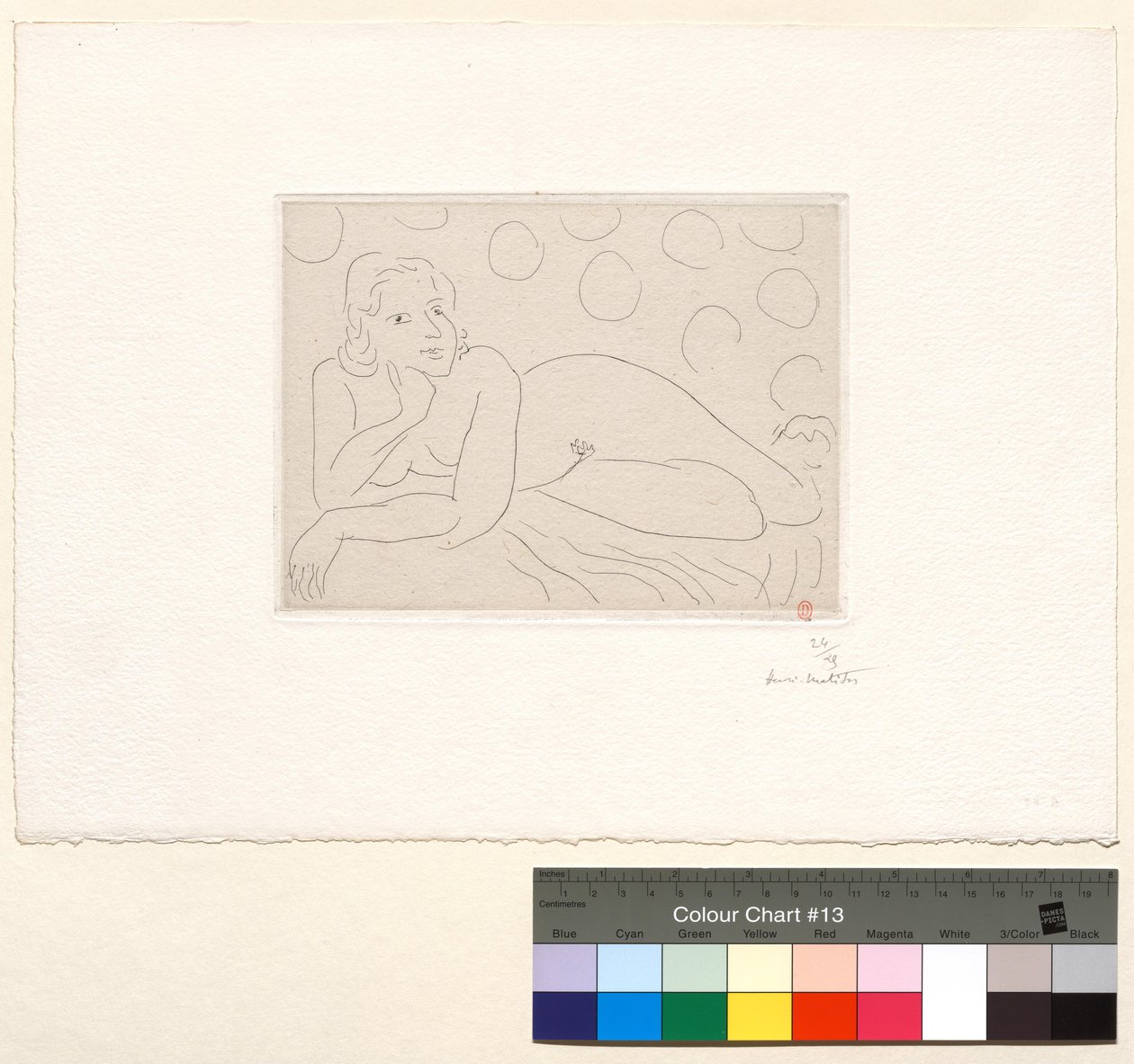 Liggend naakt op een achtergrond met cirkelvormige motieven door Henri Matisse