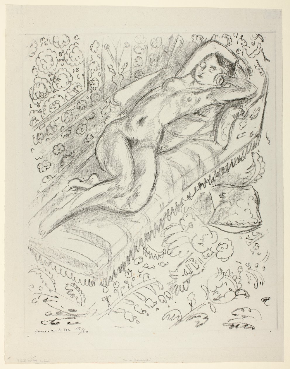 Rustend naakt op een chaise longue met mashrabiya-achtergrond door Henri Matisse