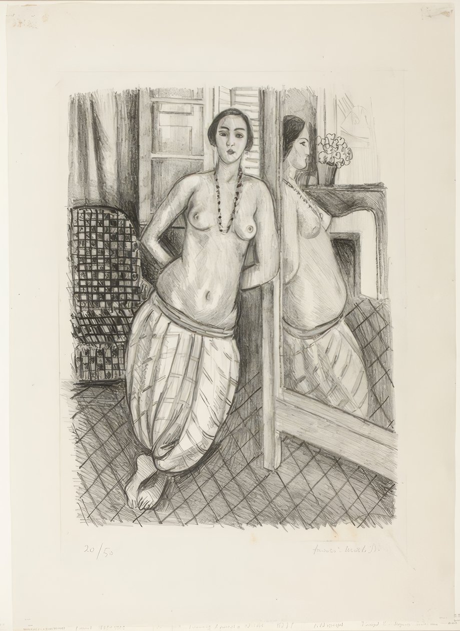 Odaliske in gestreepte broek, weerspiegeld in de spiegel door Henri Matisse