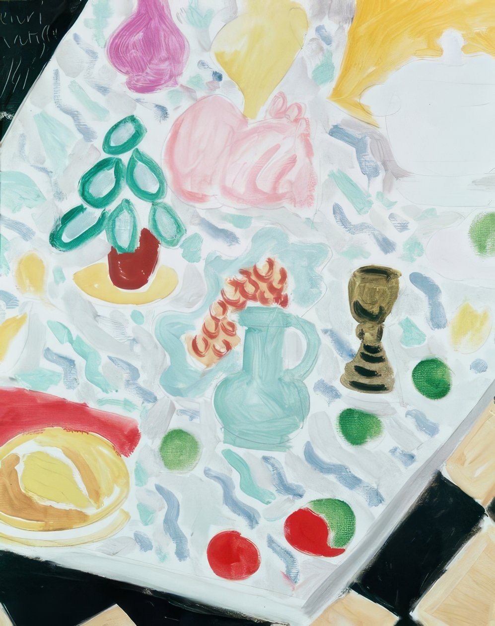 Aardewerk en glas op een marmeren tafel door Henri Matisse