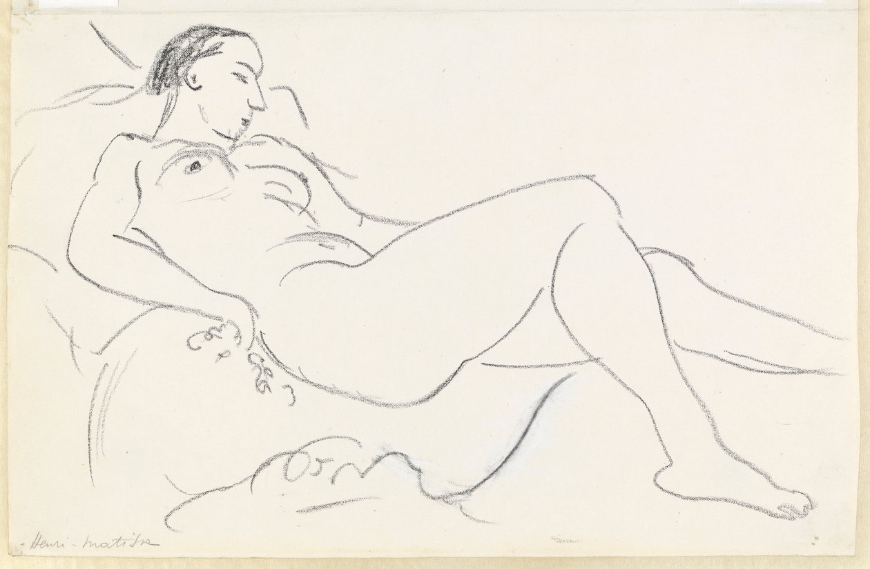 Liggend vrouwelijk naakt (zwart-wit krijt op papier) door Henri Matisse