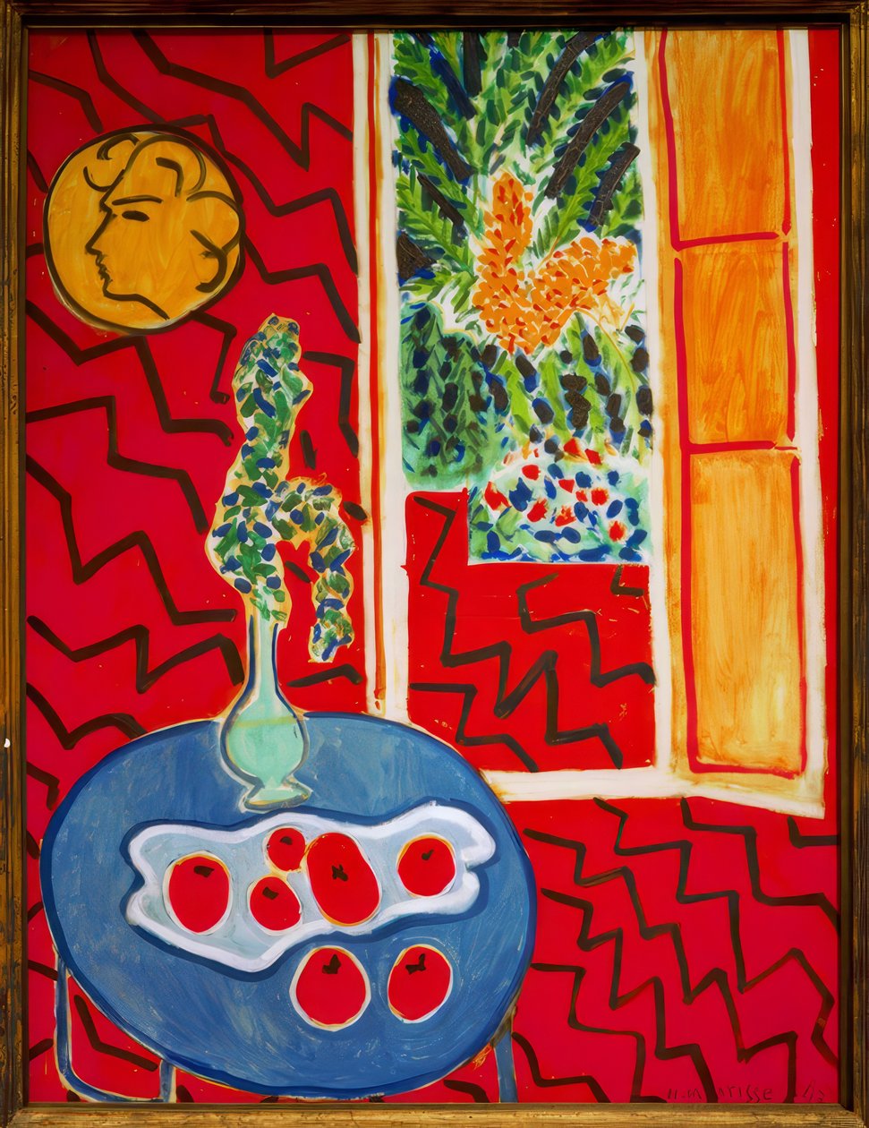 Rood interieur, stilleven op blauwe tafel door Henri Matisse