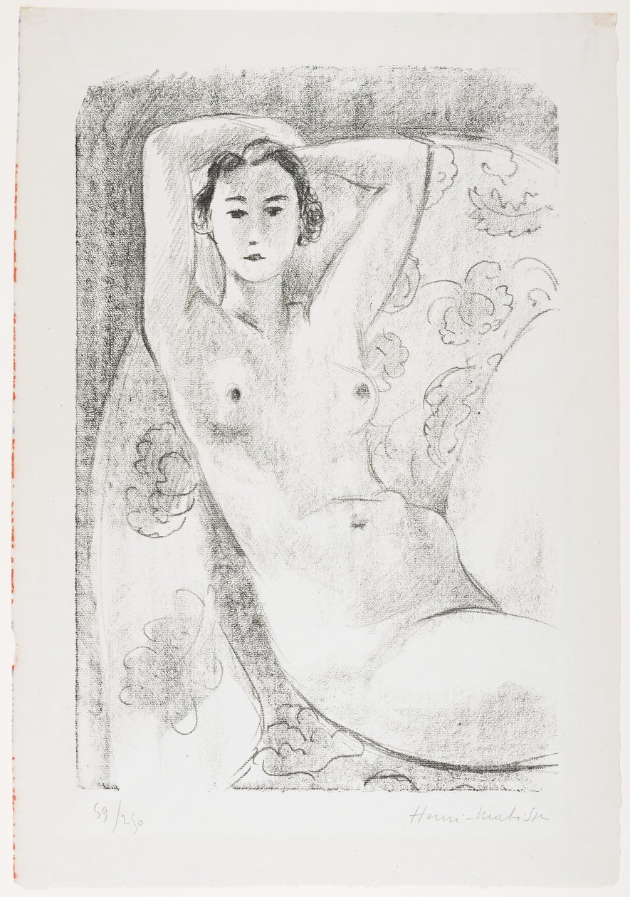 Zittend naakt in leunstoel met bloemdecoratie door Henri Matisse