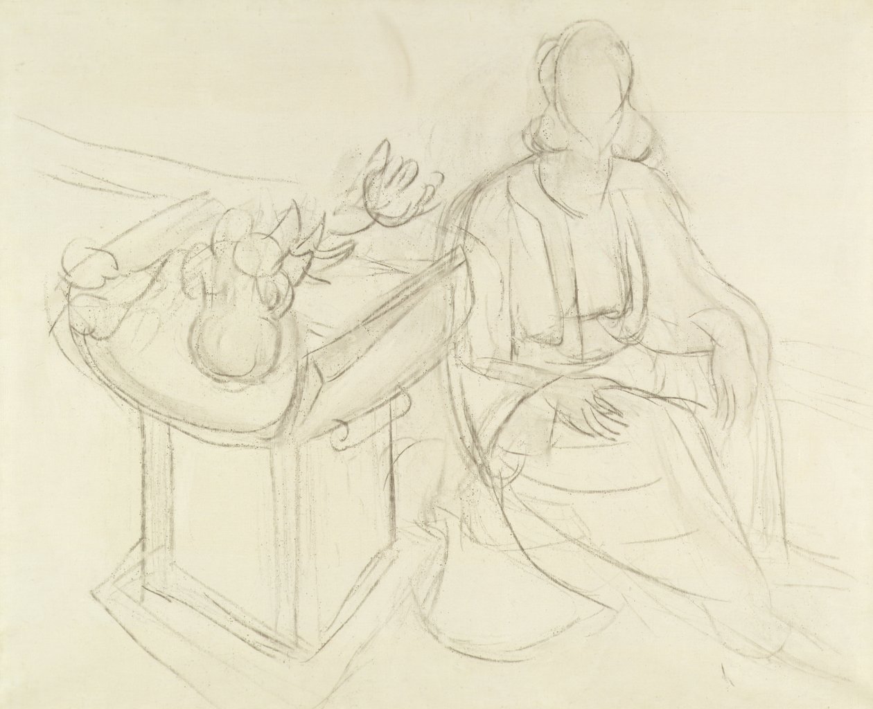Zittende vrouw - Stilleven met bloemen op tafel (houtskool op doek) door Henri Matisse