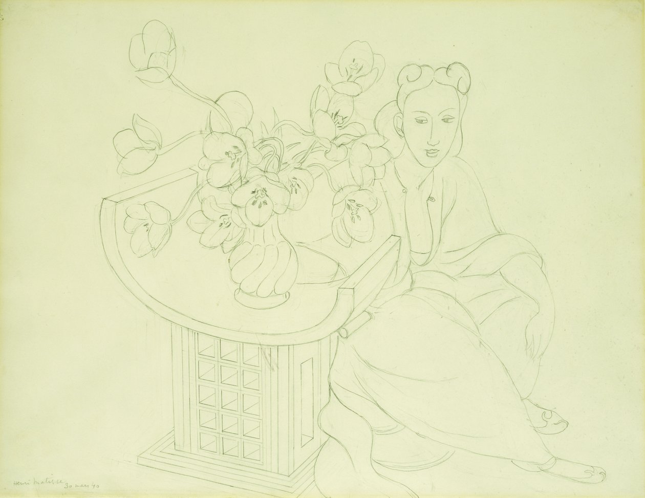 Zittende vrouw met een vaas tulpen door Henri Matisse