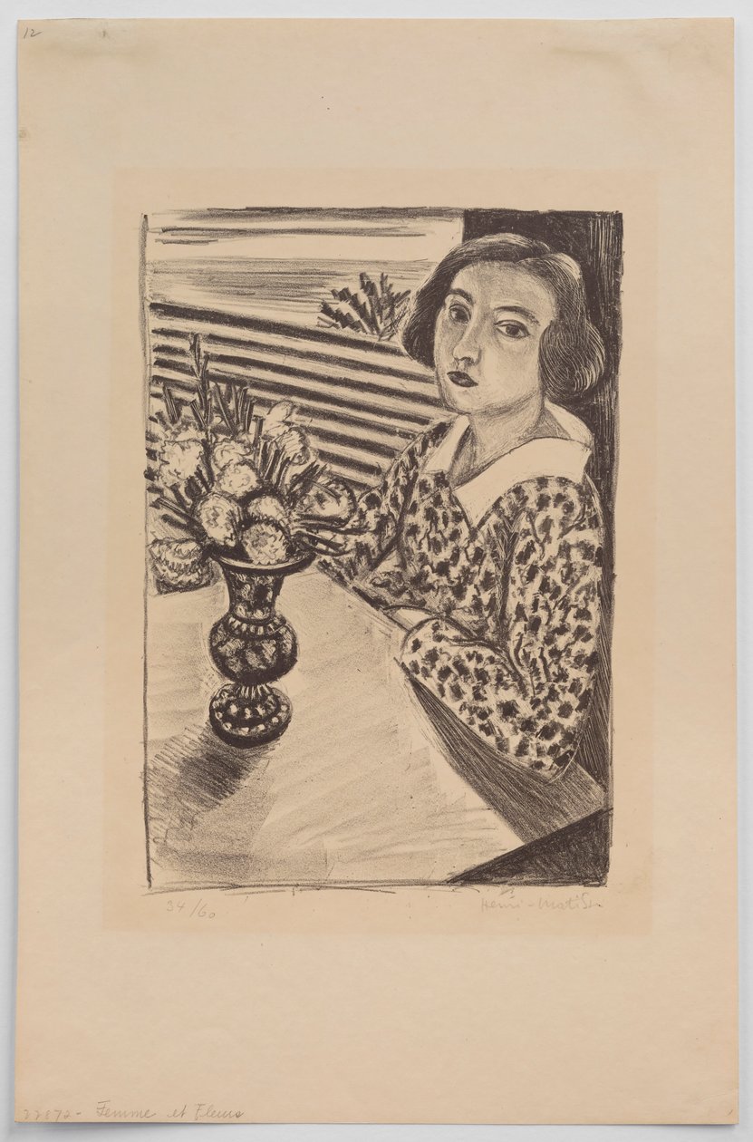 Zittend jong meisje met een boeket bloemen door Henri Matisse
