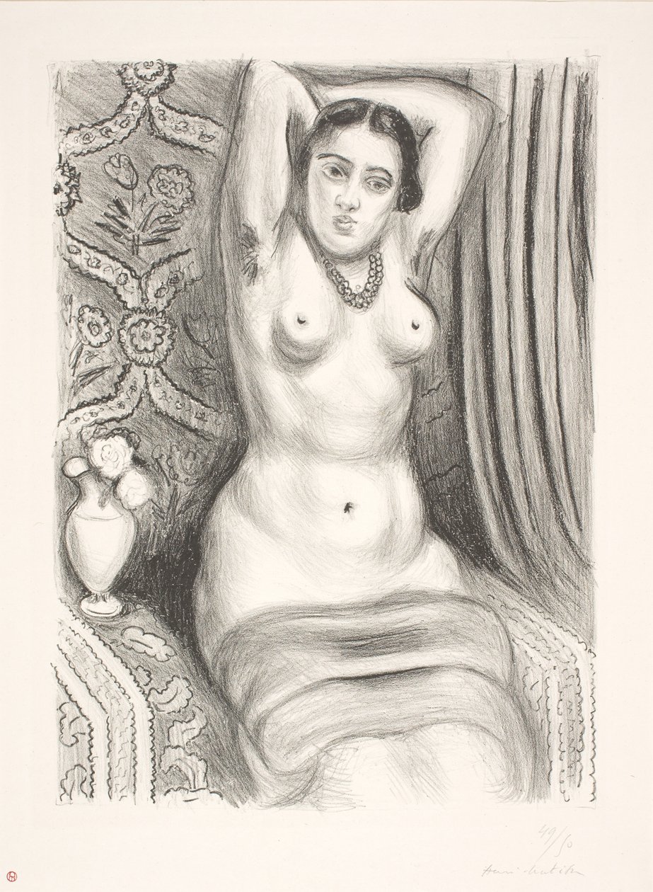 Zittend vrouwelijk naaktmodel met de armen achter de rug gevouwen (odaliske) door Henri Matisse