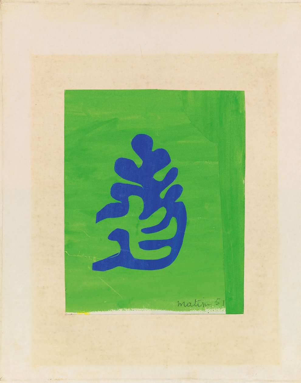 Kleine blauwe arabesk op groene achtergrond door Henri Matisse