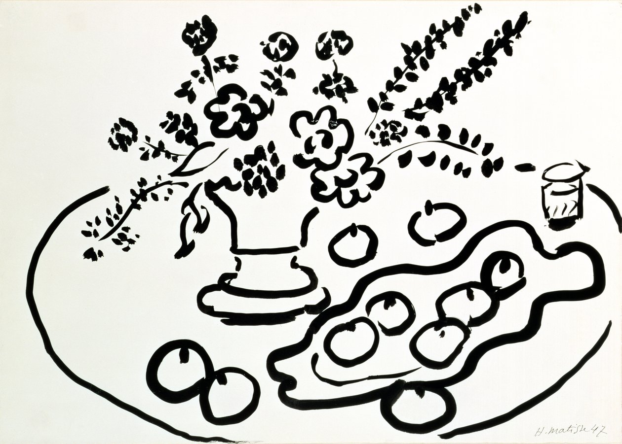 Stilleven met vaas bloemen en bord fruit door Henri Matisse
