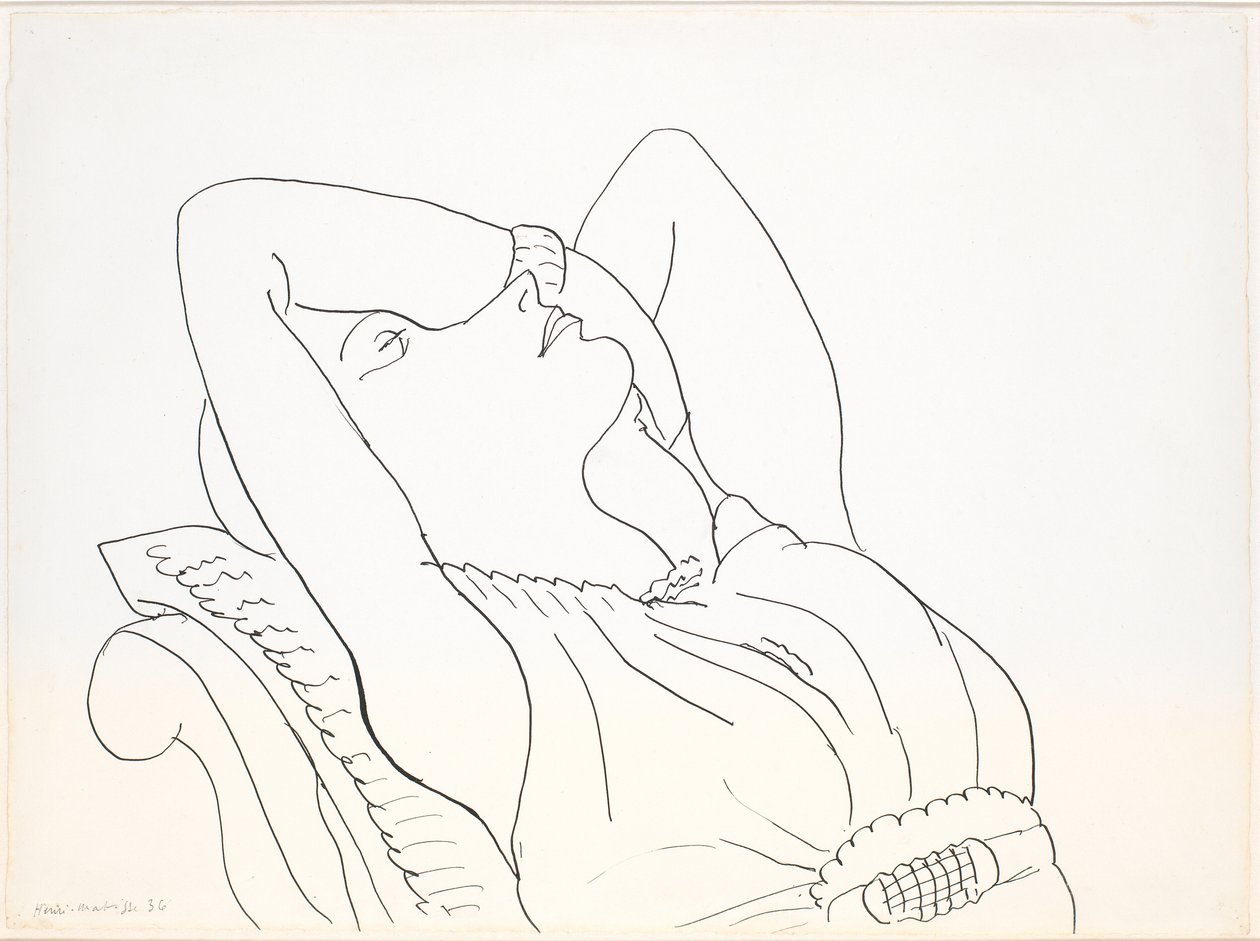 Achteroverleunende vrouw met de armen boven het hoofd, halve figuur door Henri Matisse