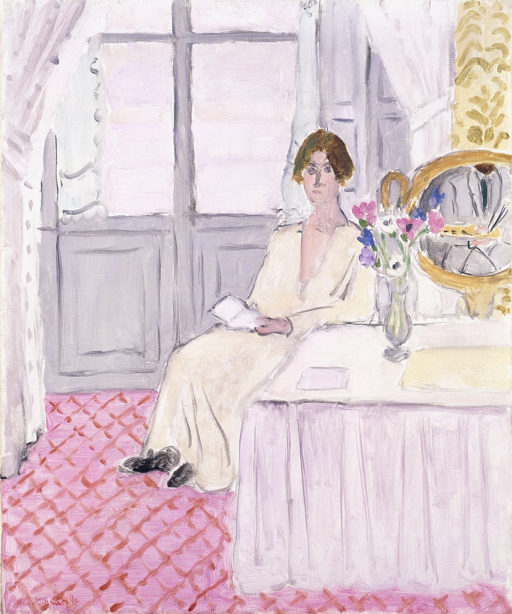Lezende vrouw voor een tafel en boeket, Nice door Henri Matisse