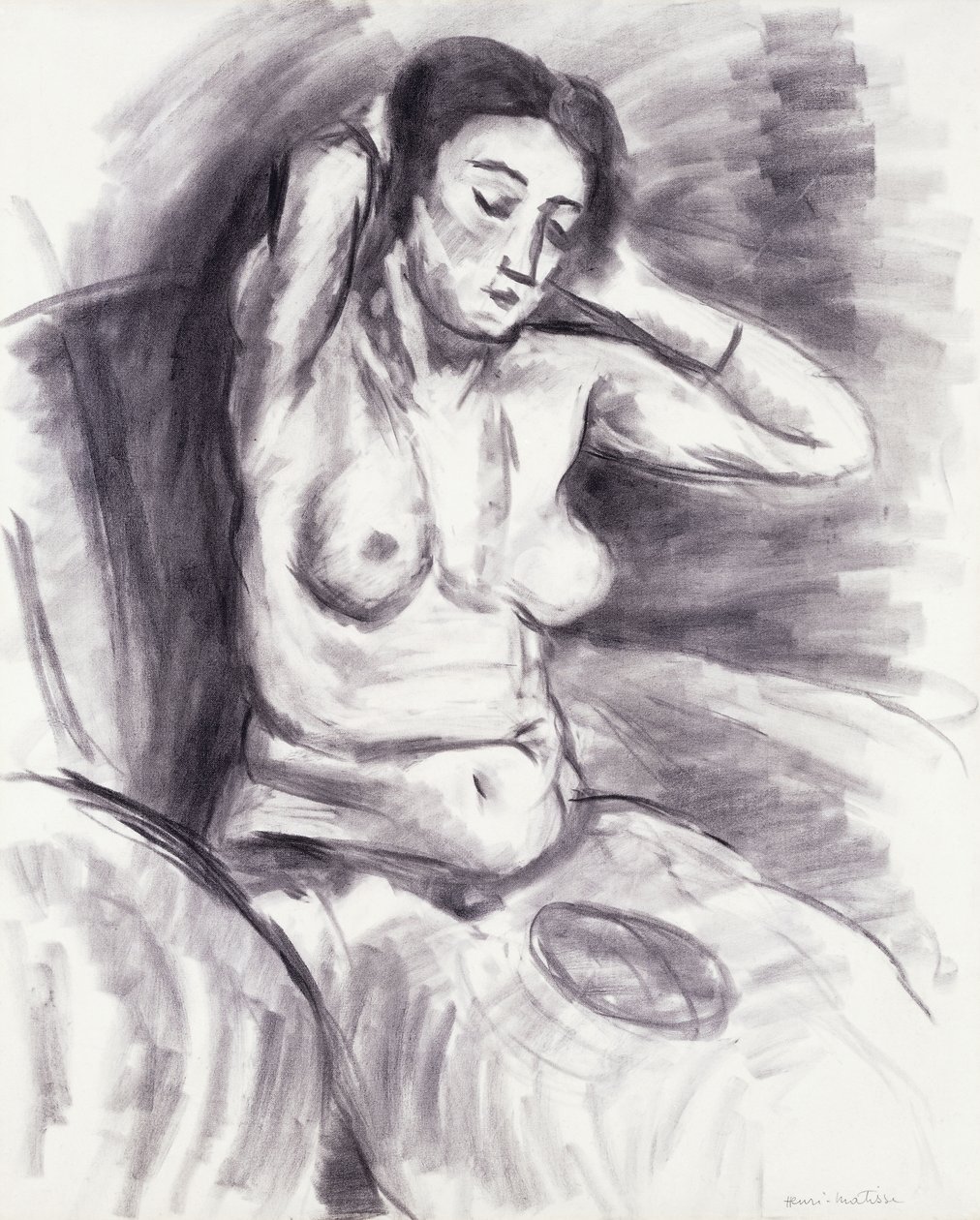 Vrouw die haar haar herstelt; Femme se Recoiffant, ca.1925 (houtskool op papier) door Henri Matisse