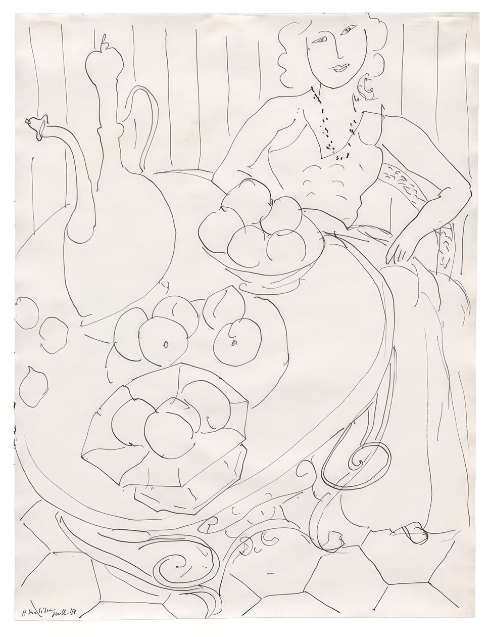 Vrouw aan tafel met fruit en kruik door Henri Matisse