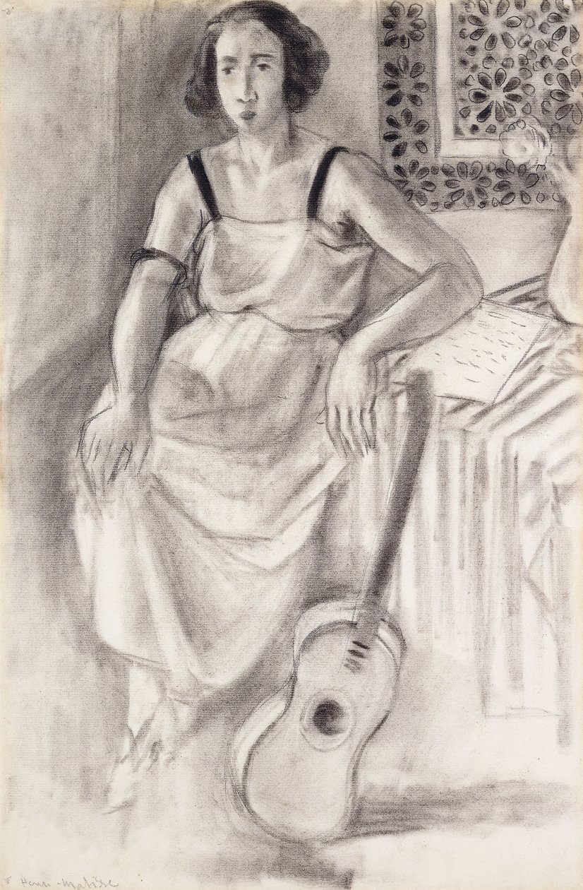 Zittende vrouw met gitaar, c.1921-23 (houtskool op papier) door Henri Matisse