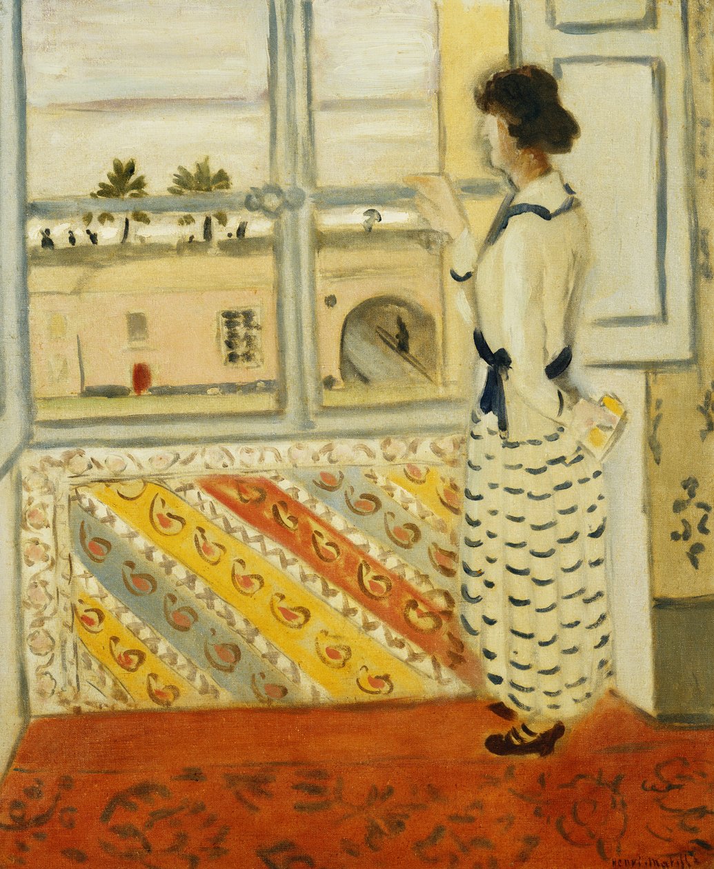 Jonge vrouw bij een raam, blauw gestreepte jurk door Henri Matisse
