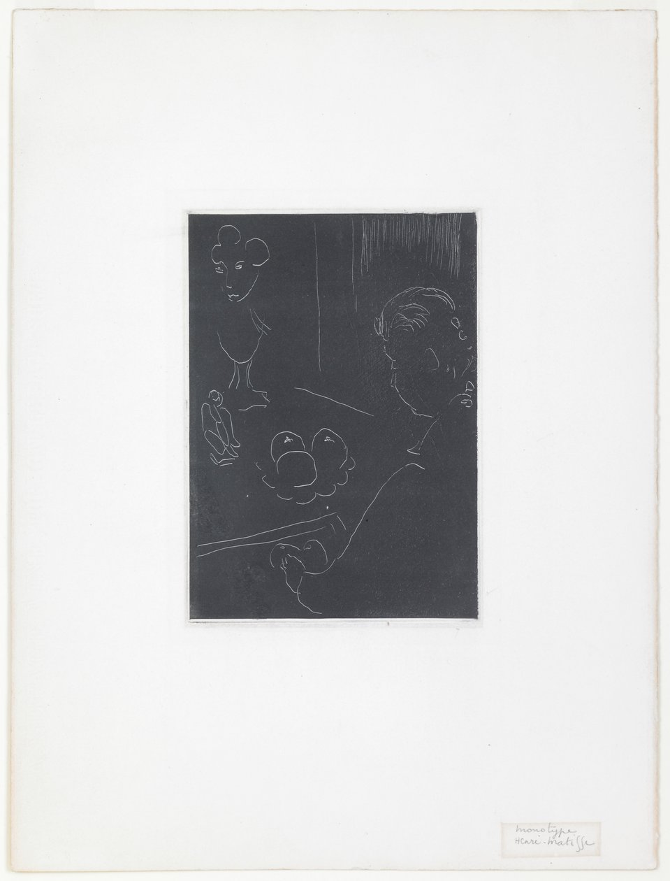 Jonge vrouw in een interieur met fruit en beeldhouwwerken door Henri Matisse