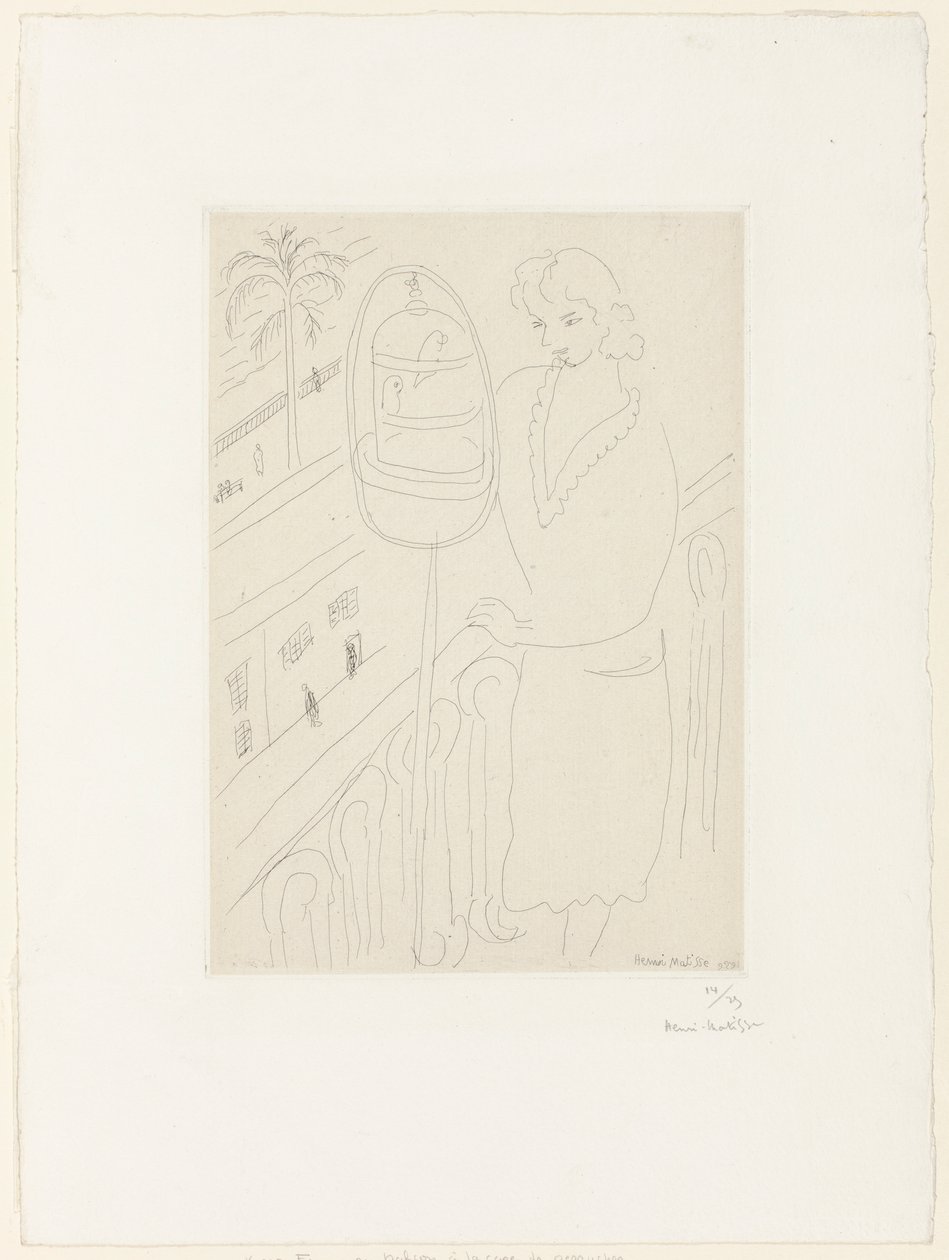 Jonge vrouw op een balkon die naar parkieten kijkt door Henri Matisse