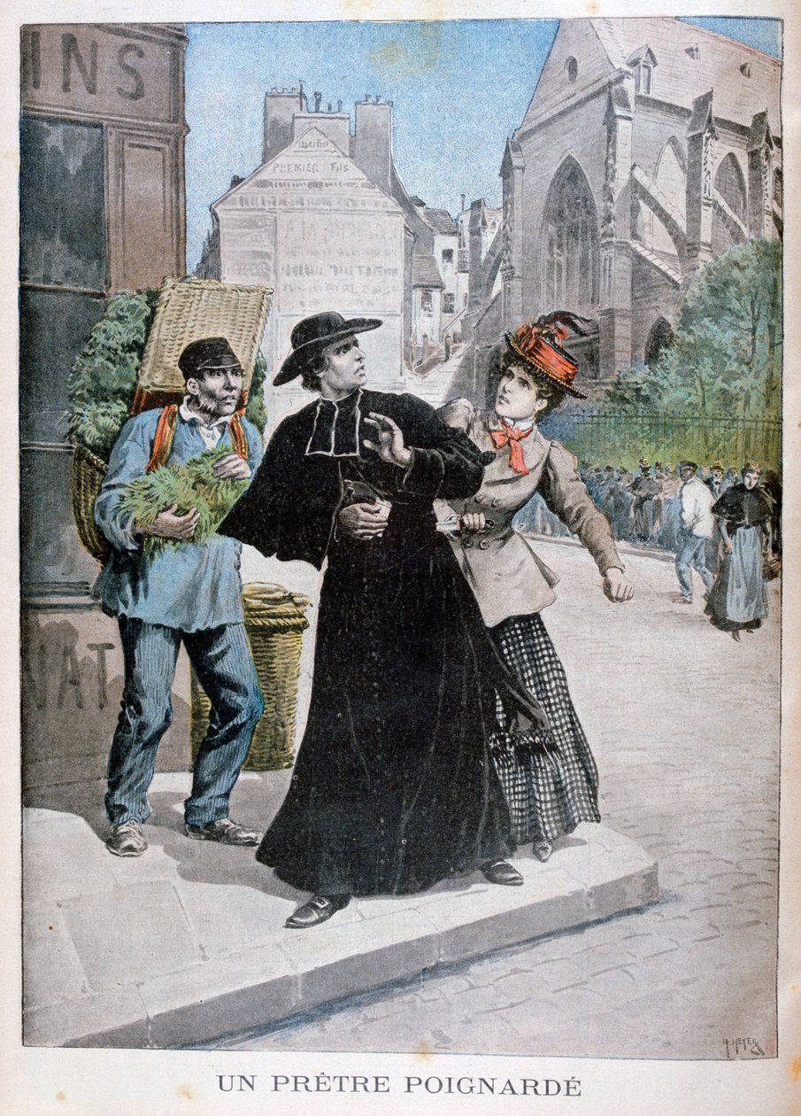 Een katholieke priester wordt op straat neergestoken door een vrouw, Frankrijk, 1897 door Henri Meyer