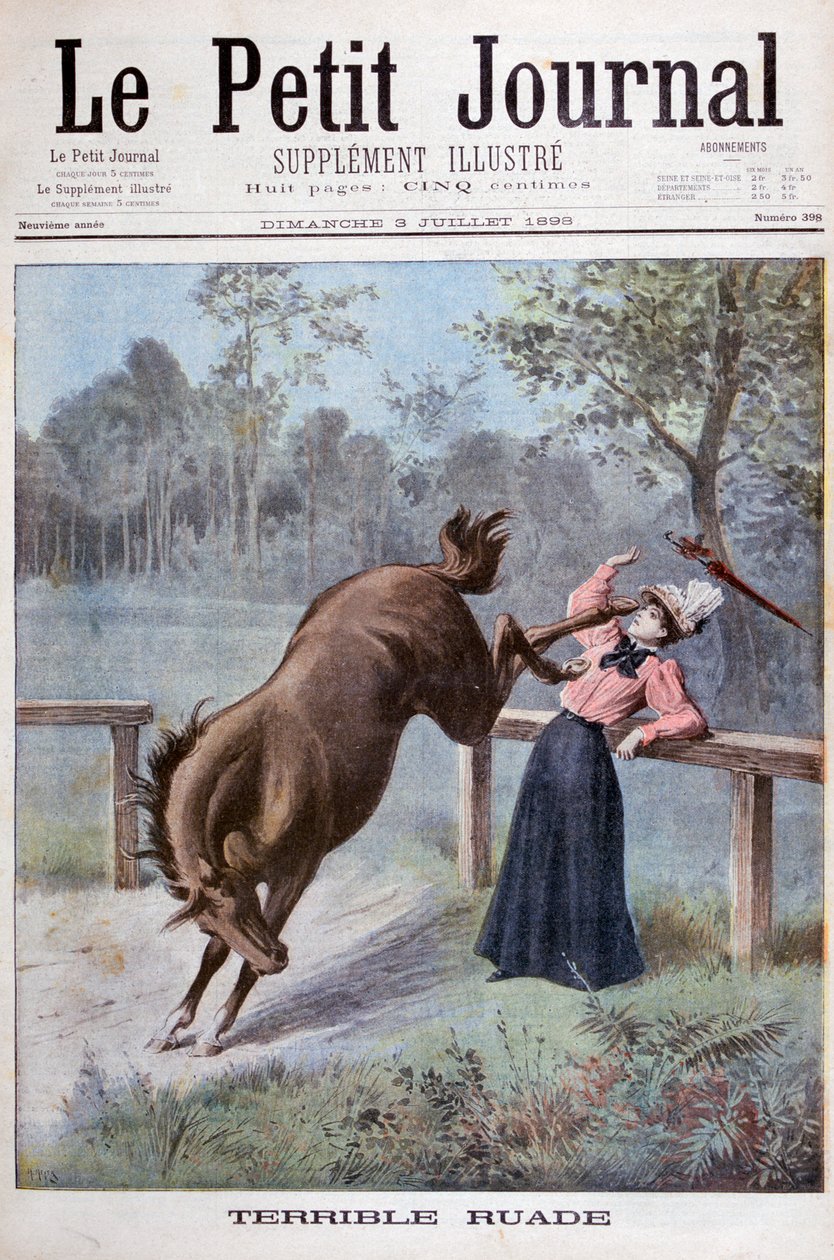 Een jonge vrouw wordt geschopt door een paard, 1898 door Henri Meyer