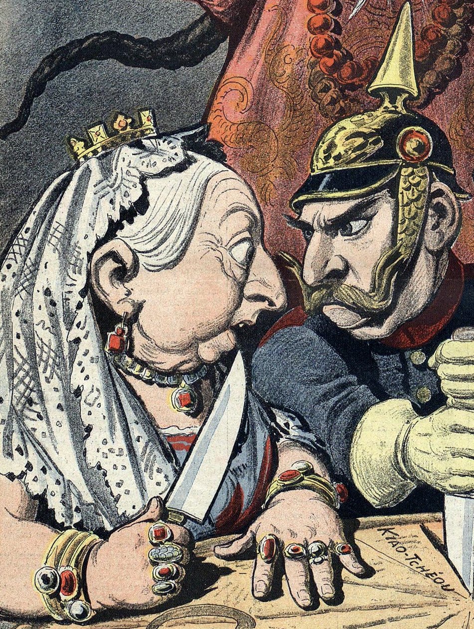 Karikatuur van koningin Victoria en karikatuur van Wilhelm II van Duitsland op 16 januari 1898 detail uit China imperialisme cartoon (bijgesneden) door Henri Meyer