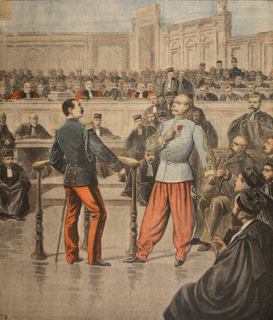 Kolonel Henry en Luitenant-Kolonel Picquart spreken voor het Hof van Assisen, illustratie uit 