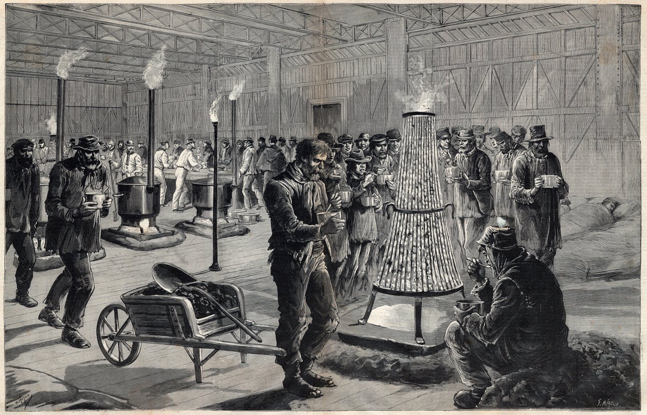 Het nachtverblijf van het paleis van de liberale kunsten op het Champ de Mars in 1891 - tekening door Henri Meyer, gravure door Navellier in 