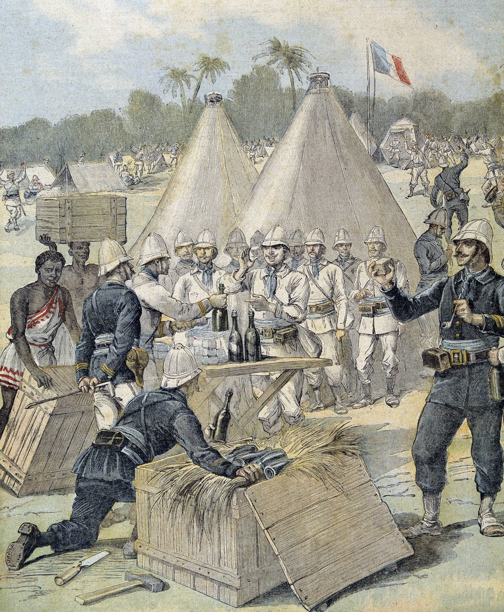 Nieuwjaarsgeschenken voor de soldaten in Dahomey (nu Benin) - in "Le Petit Journal" van 31/12/1892 door Henri Meyer