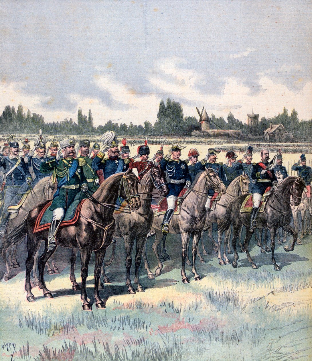 Militaire parade met generaal Saussier en buitenlandse militaire attachés, 14 juli 1891 door Henri Meyer