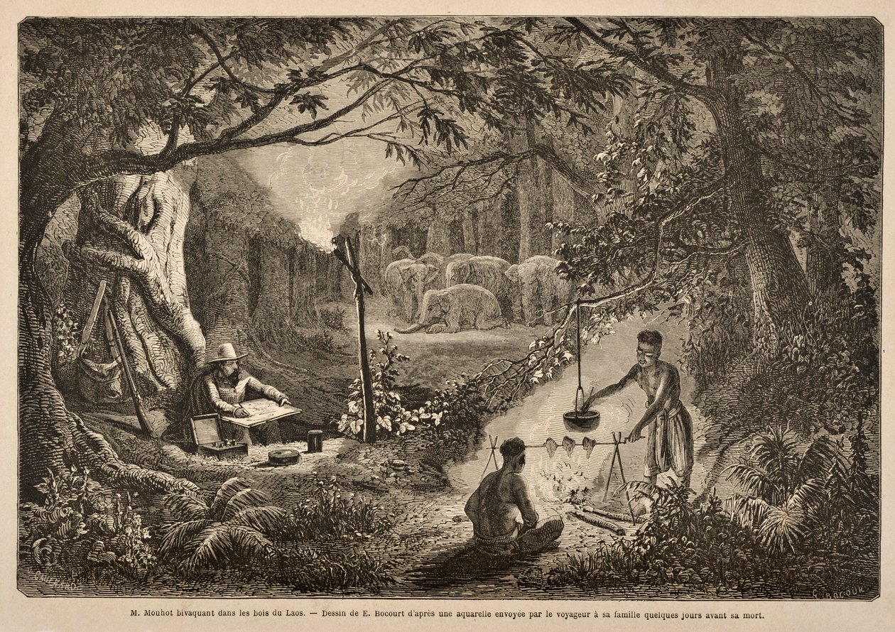 Henri Mouhot Kamperen in de Jungles van Laos, illustratie uit 