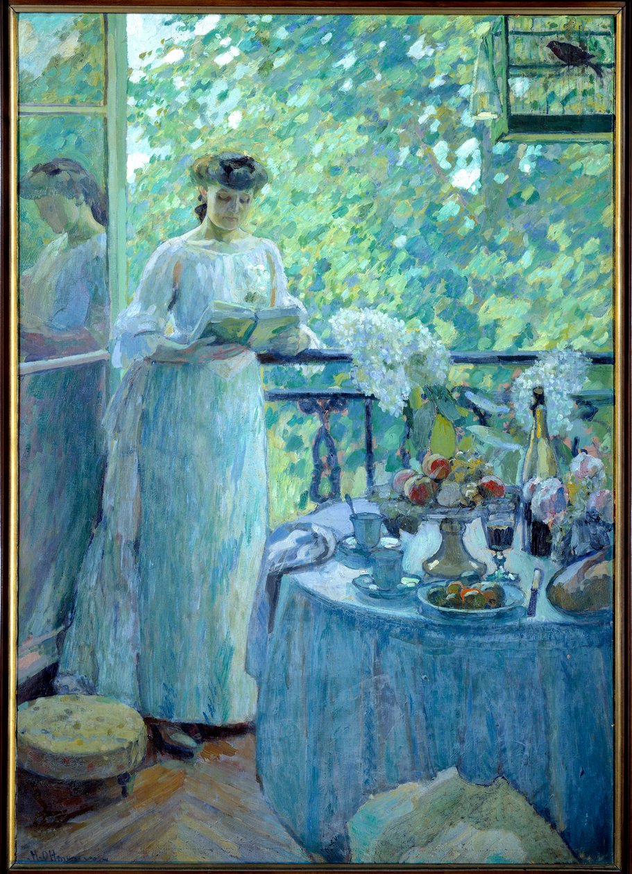 Mevrouw O. op het balkon Een jonge vrouw leest een boek in een bourgeois interieur, de tafel is gedekt voor het ontbijt. Schilderij door Henry Ottmann door Henri Ottmann