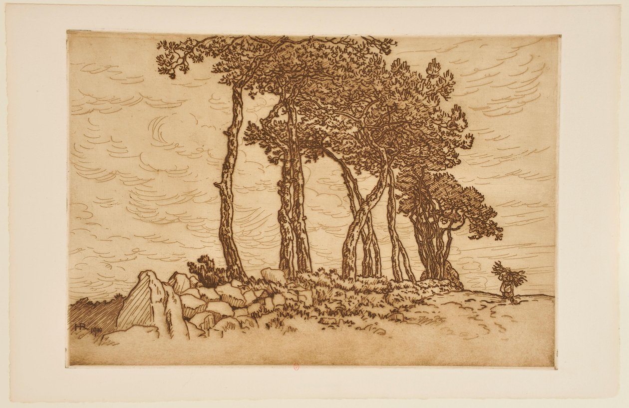 Alte Frau mit einem Bündel nahe einer Baumreihe door Henri Rivière