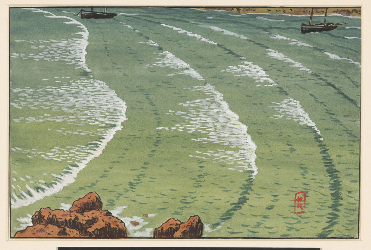 Zee, in een baai, met schepen voor de rotsige kust door Henri Rivière