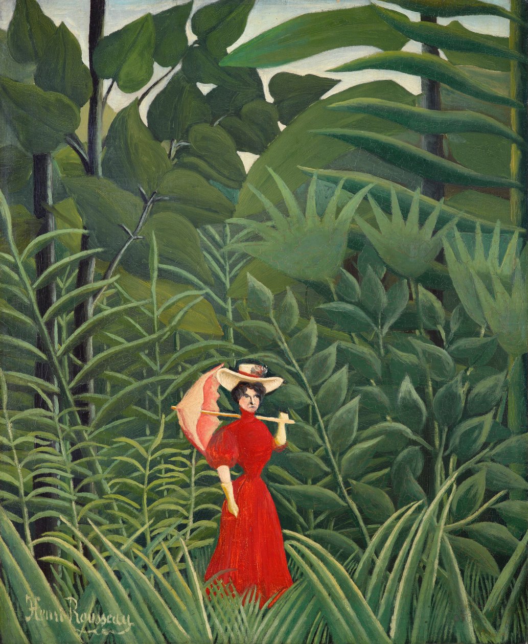 Vrouw in het rood in het bos door Henri Rousseau