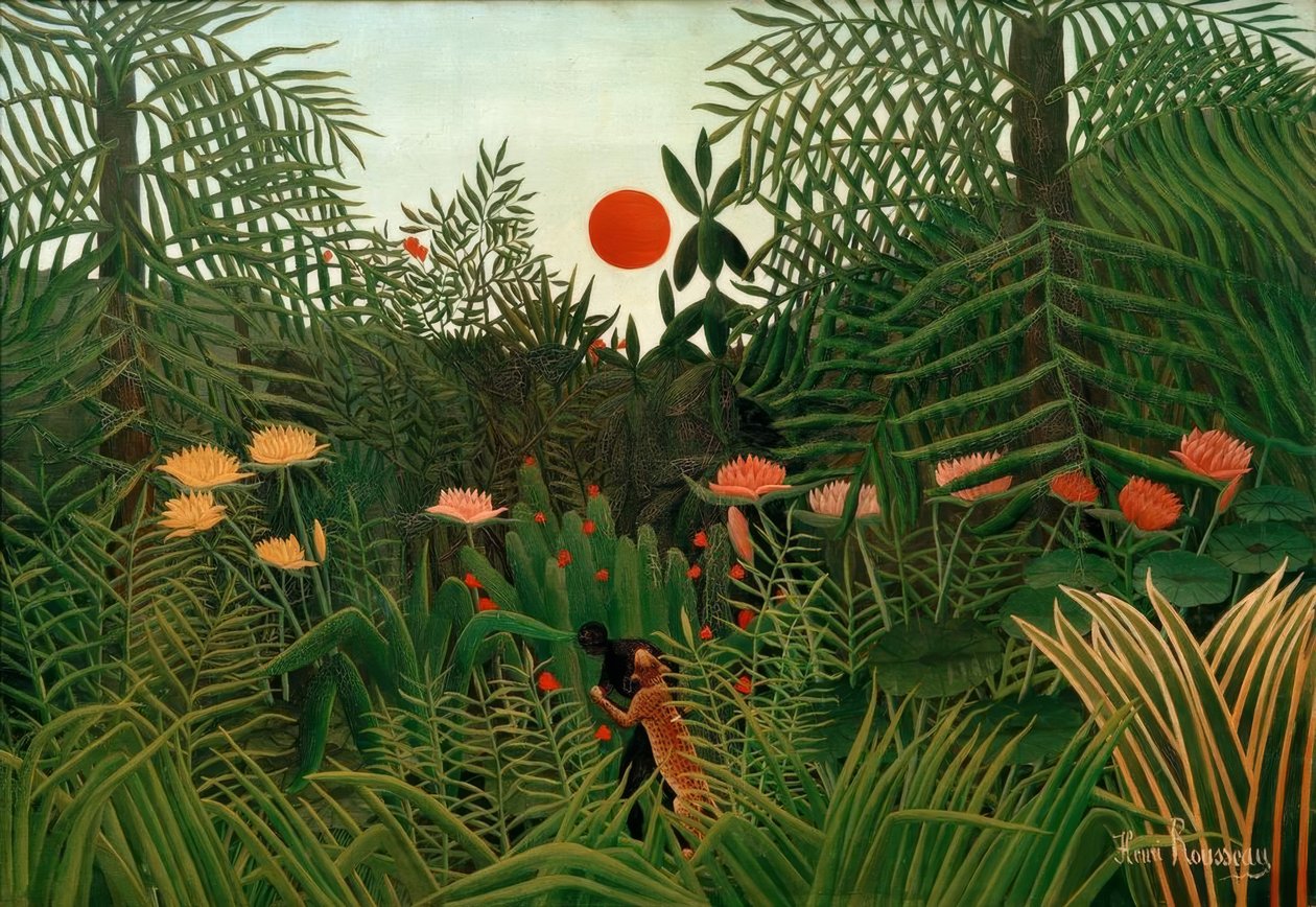 Oerwoud in de ondergaande zon. Zwarte aangevallen door een luipaard door Henri Rousseau