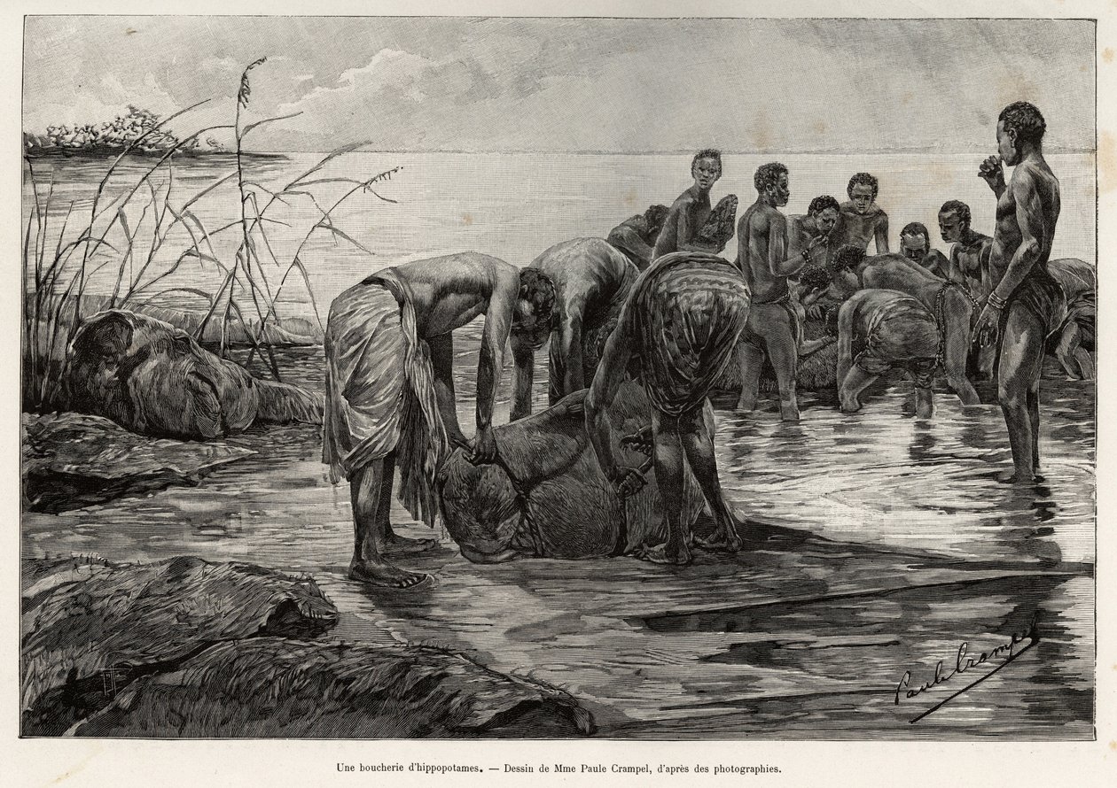 Een nijlpaardslagerij aan de oevers van een Centraal-Afrikaanse rivier. Gravure door Henri Thiriat ter illustratie van het verhaal 