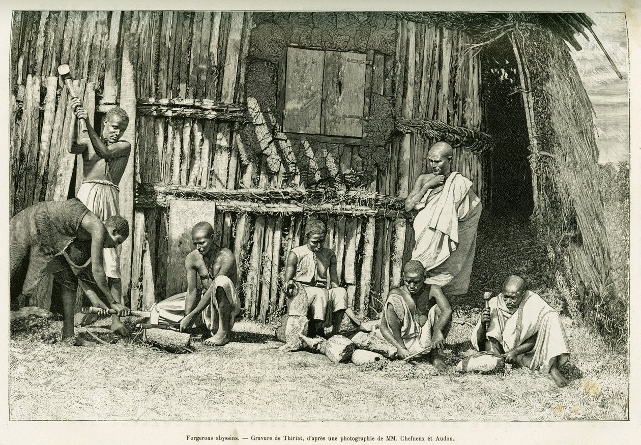Abyssinische smeden. Gravure door Thiriat, naar een foto, ter illustratie van het verhaal Reis naar Choa (Zuid-Abyssinië). door Henri Thiriat