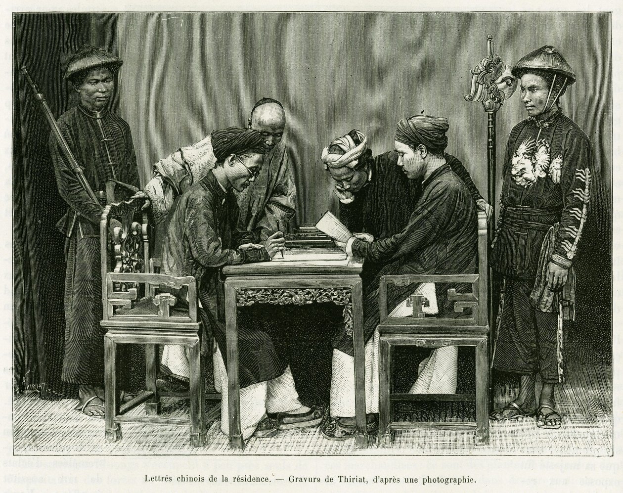 Chinese brieven van de Franse residentie in Hanoi. Gravure door Thiriat, naar een foto, ter illustratie van het verhaal Dertig maanden in Tonkin in 1884, door Doctor Hocquard, in le tour du monde 1889, onder leiding van Edouard Charton (1807-1890), Hachett door Henri Thiriat