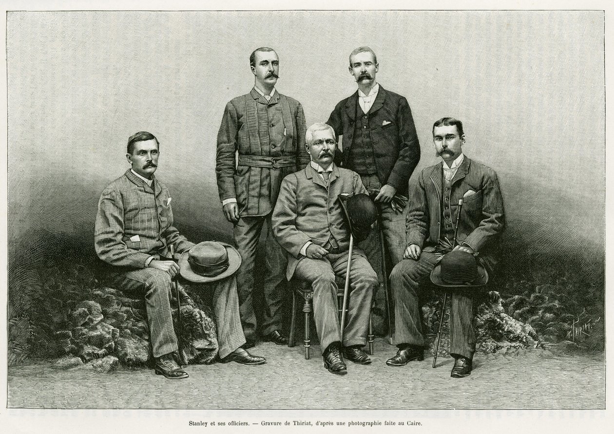 Portret van Henry Morton Stanley (John Rowlands 1841-1904) omringd door zijn officieren: Dr. Thomas Heazle Parke (1857-93), Robert H. Nelson, William G. Stairs en Arthur J. M. Jephson. Gravure door Thiriat, ter illustratie van het verhaal Dans les tenebr door Henri Thiriat