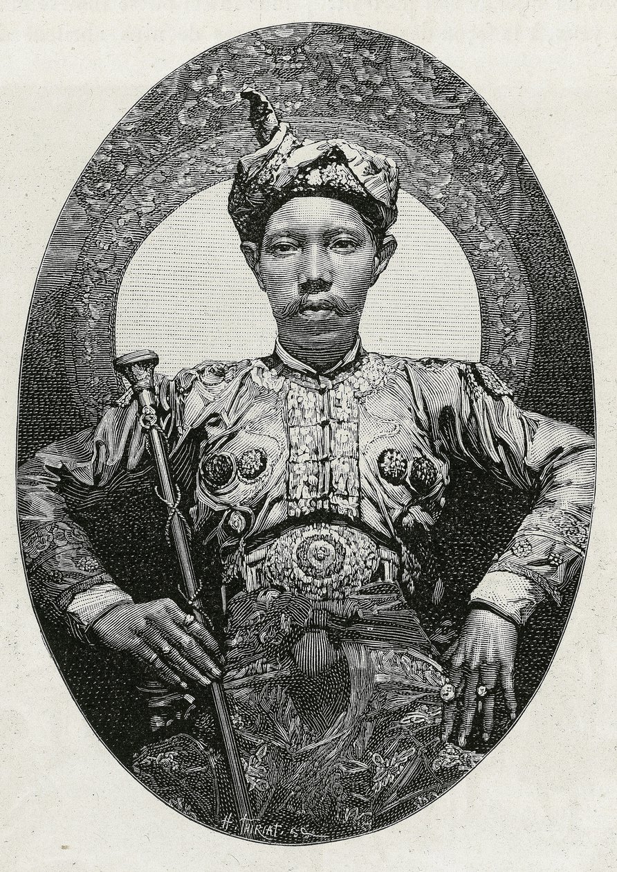 Portret van Mohammed Yamalul Alam, sultan van Soulou (of Sulu) (Filippijnen), in 1880. Gravure door Thiriat, ter illustratie van het verhaal 
