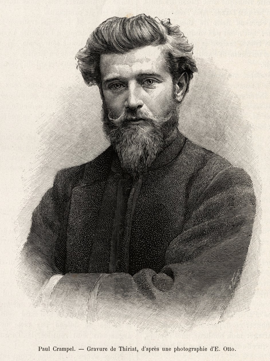 Portret van Paul Crampel (1864-1891), Franse ontdekkingsreiziger van Centraal-Afrika. Gravure door Henri Thiriat ter illustratie van het verhaal 