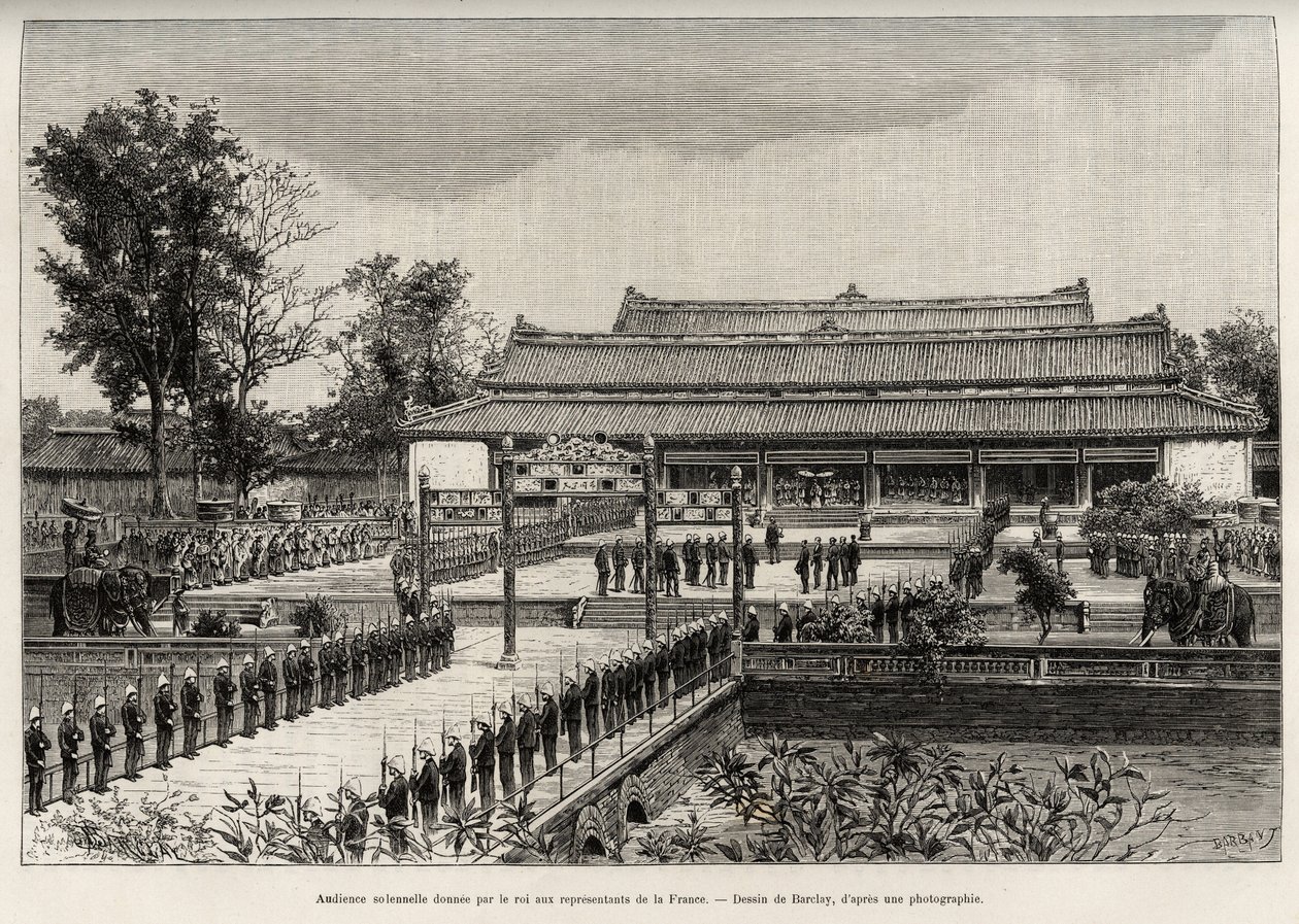 Plechtige audiëntie gegeven door koning Dong Khanh (1864-1889) keizer van Annam aan de vertegenwoordigers van Frankrijk in de keizerlijke stad Hue (Vietnam). Gravure door Thiriat, ter illustratie van het verhaal 