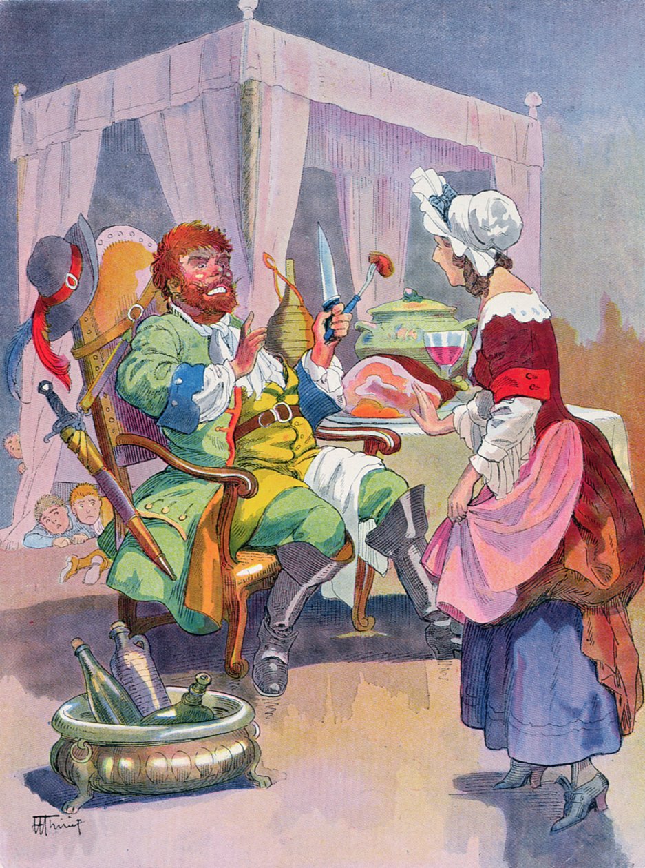 De Oger ruikt vers mensen vlees, illustratie voor een sprookje van Perrault 