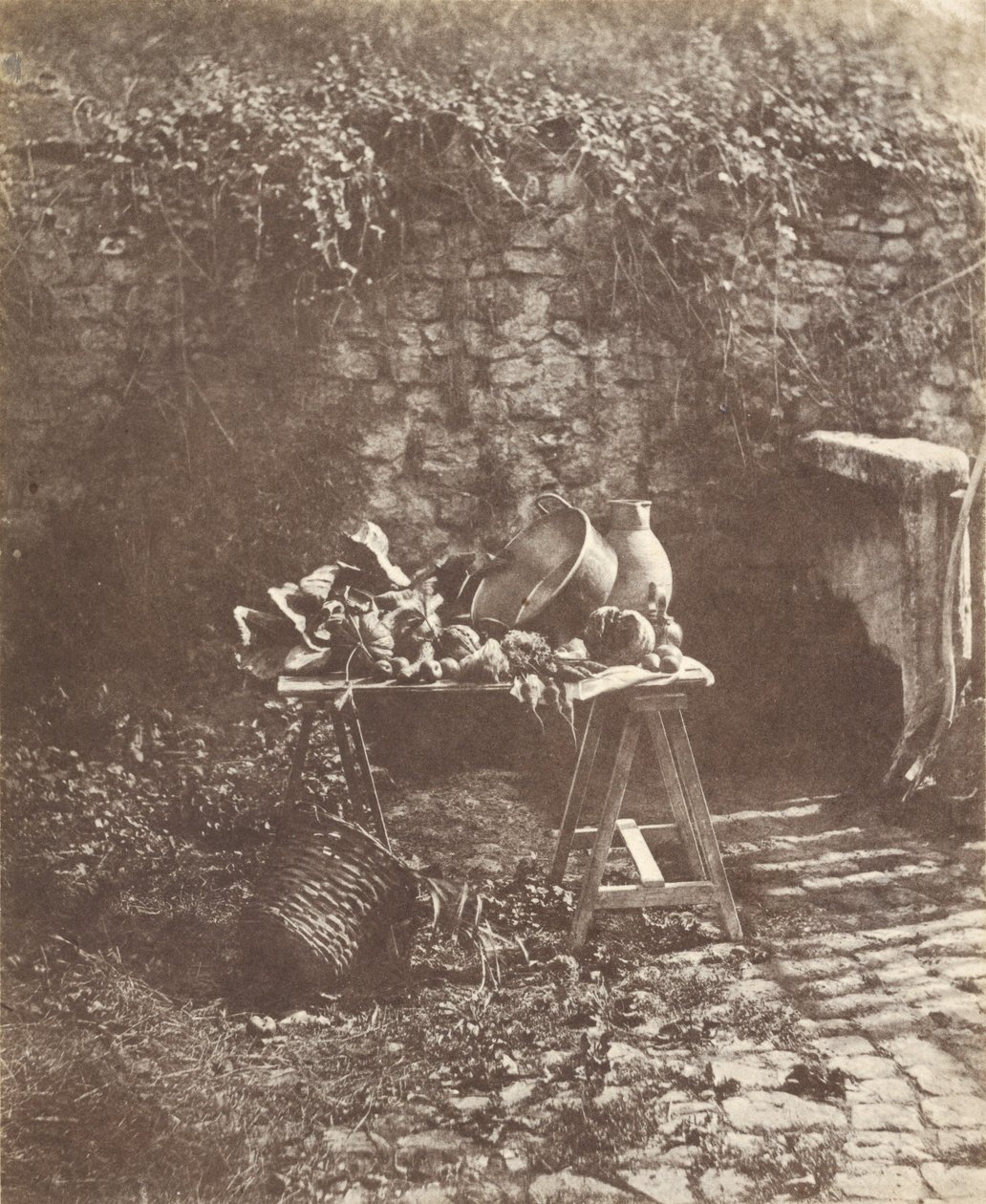 [Stilleven: ketel, kan en groenten op een schragentafel]. door Henri Victor Regnault