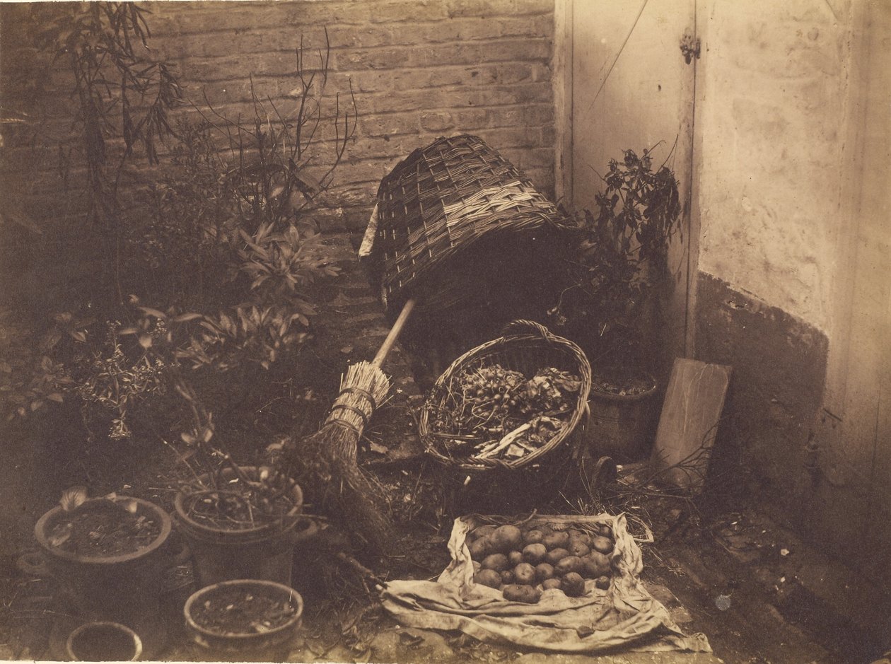 [Stilleven met strooien manden, bezem, geopende zak aardappelen en potplanten]. door Henri Victor Regnault