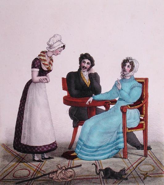 En bovenal, wees goed!, karikatuur van een stel dat met hun dienstmeid praat voordat ze vertrekt, ca. 1820-30 door Henri Villain